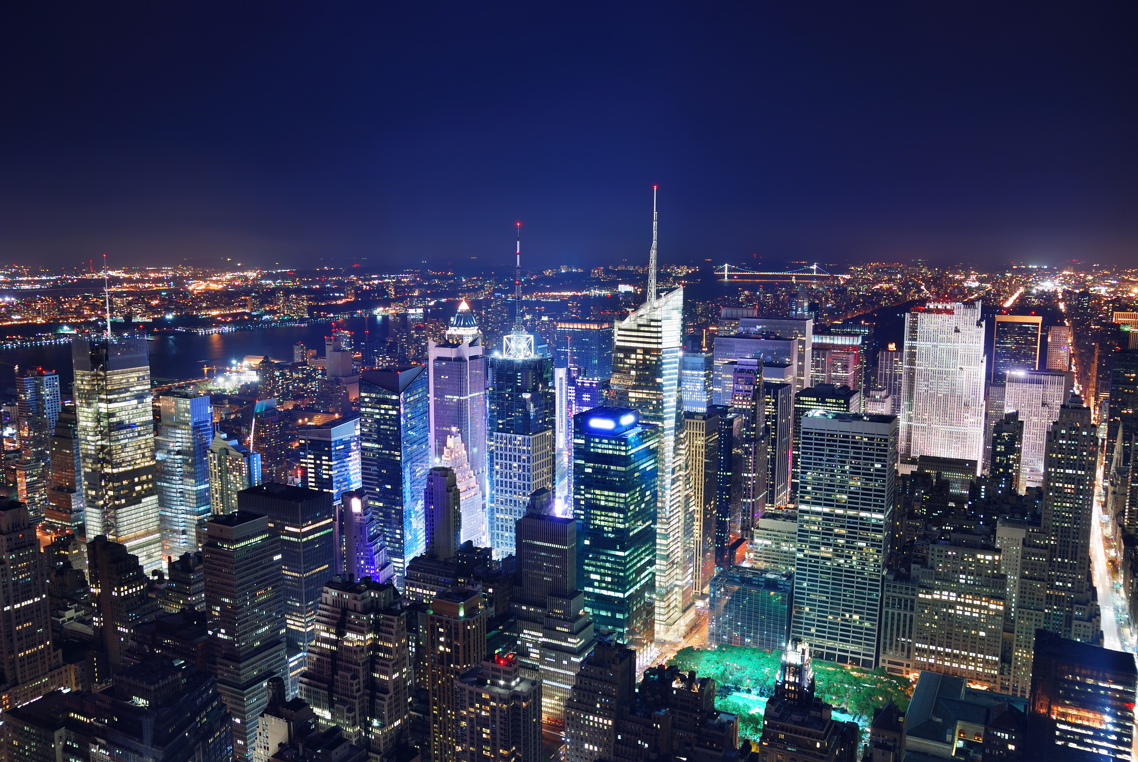 New York City Manhattan Times Square panorama aerial view at nig